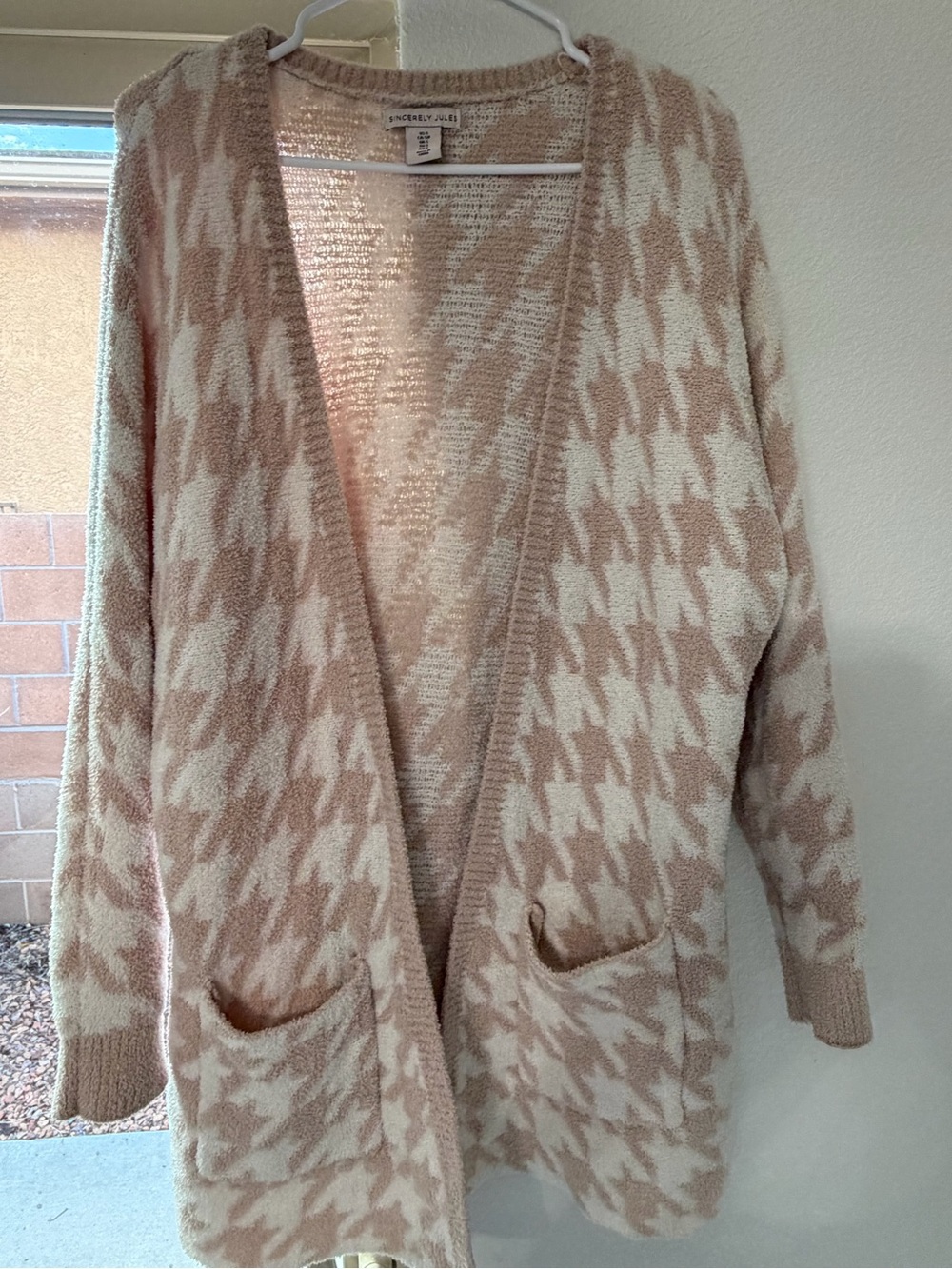 Sincerly Jules Beige & Cream Houndstooth Open Cardigan